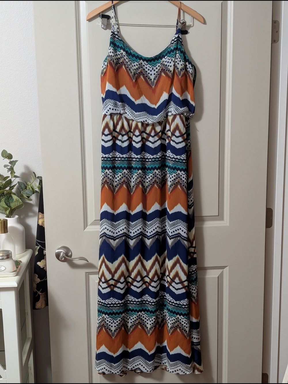 Bisou Bisou Navy, Orange & Teal Chevron Maxi Dress